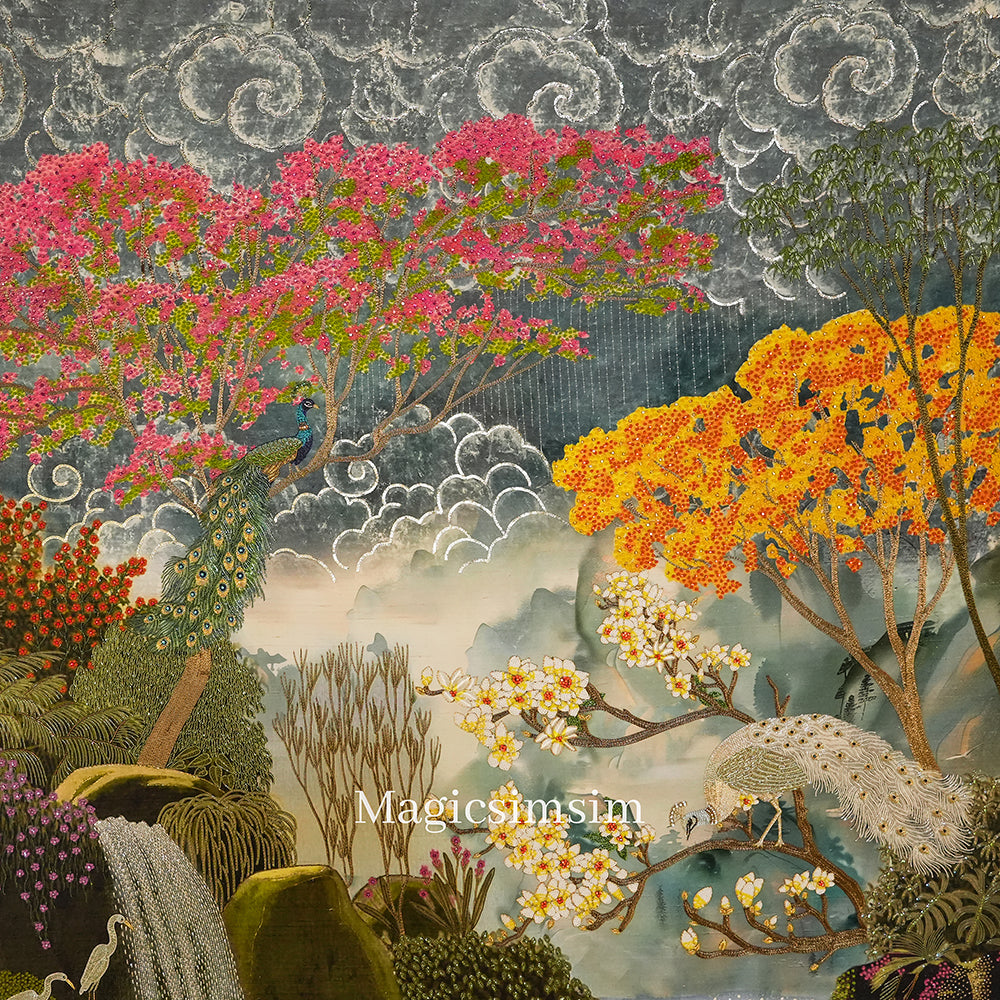 Scenic & Nature artwork with waterfall & peacocks for luxury home decor